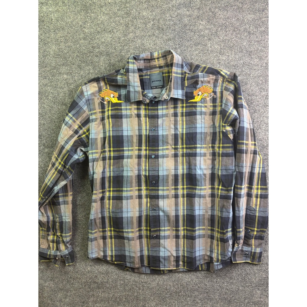 Prana Button Down Shirt Mens XL Blue Plaid Embroidered Flame Bird Organic Cotton